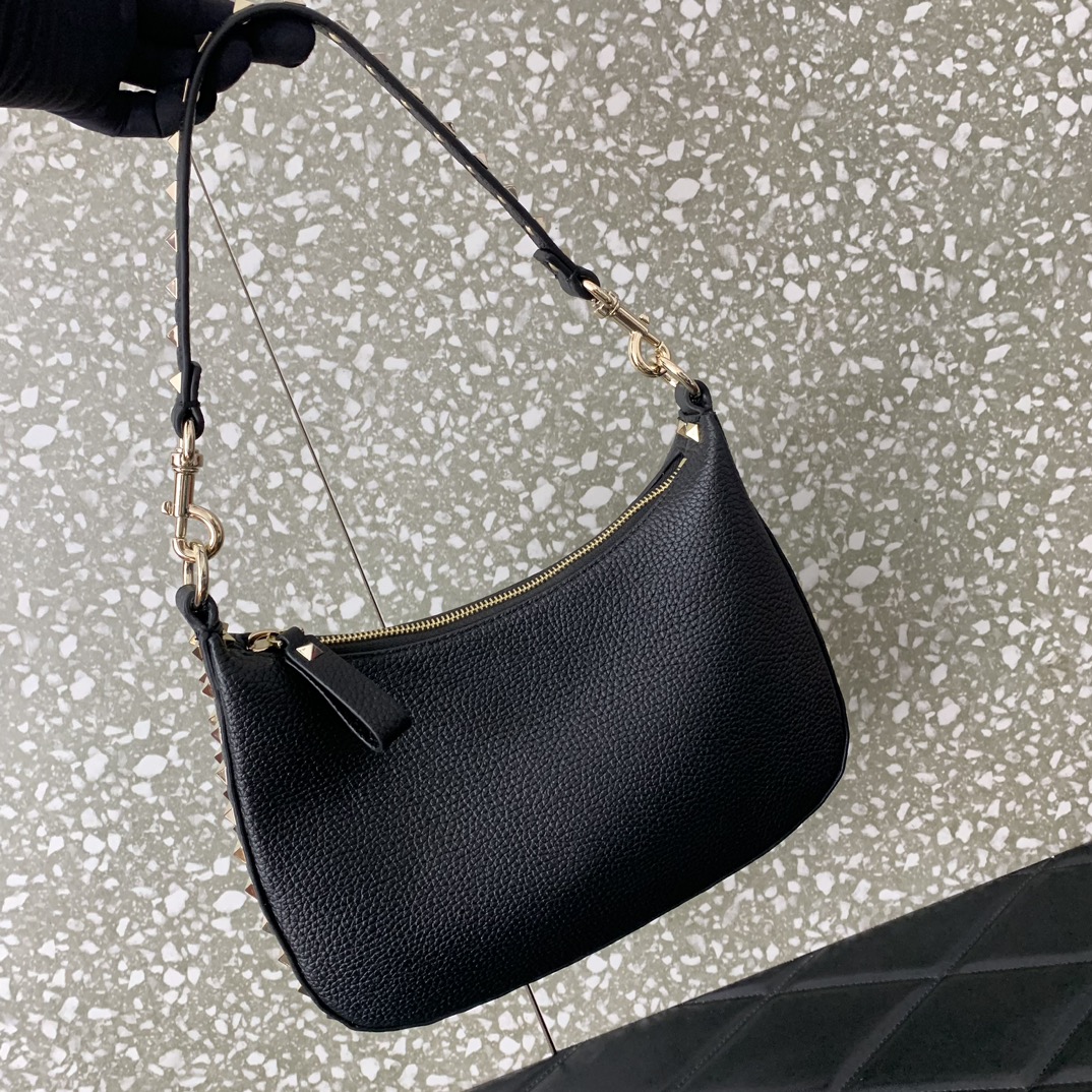 Valentino Garavani Rockstud Small Hobo Bag in Black Grainy Calfskin